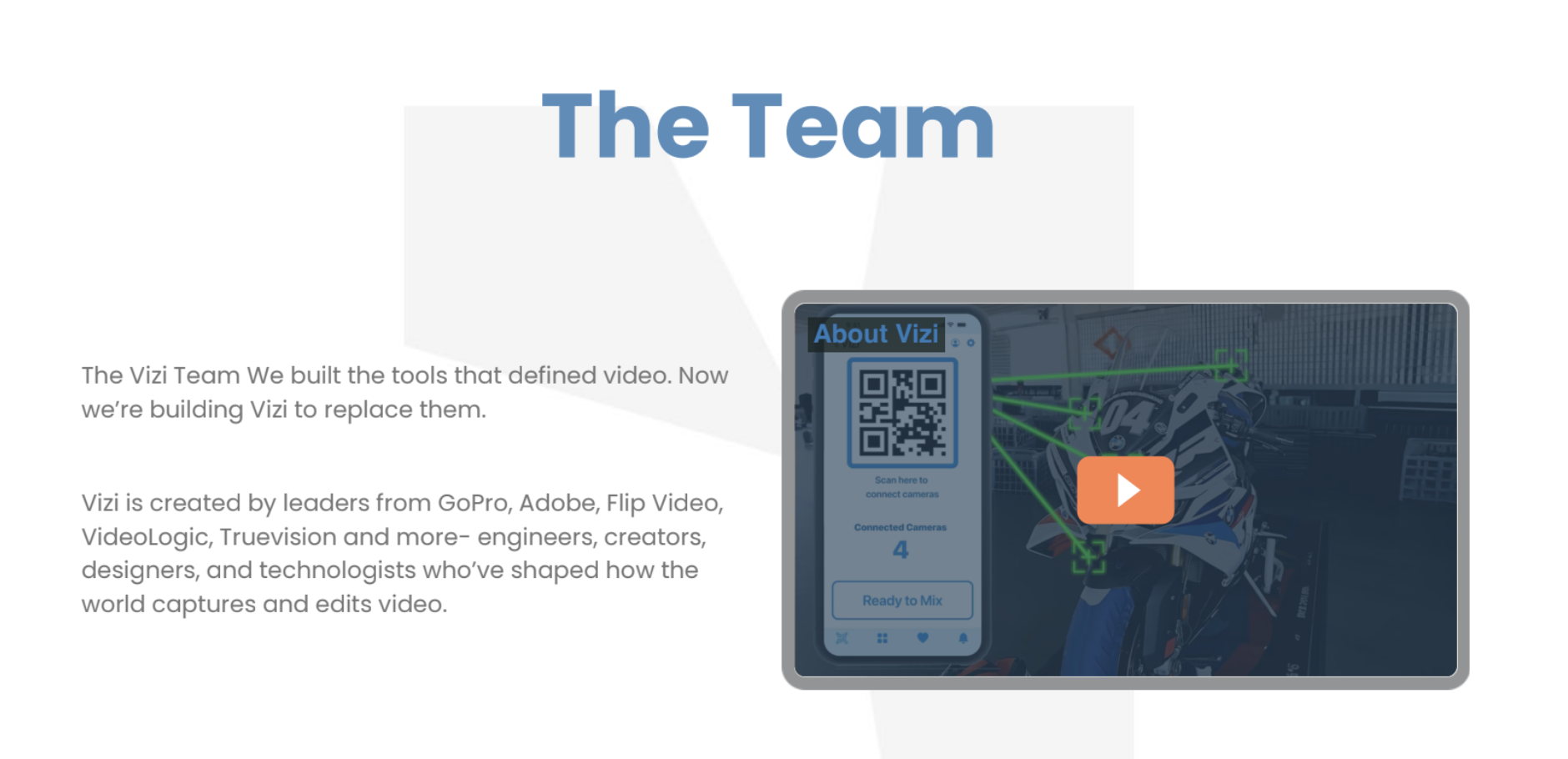 Vizi app showing multi-camera recording with QR code connection and 4 connected cameras